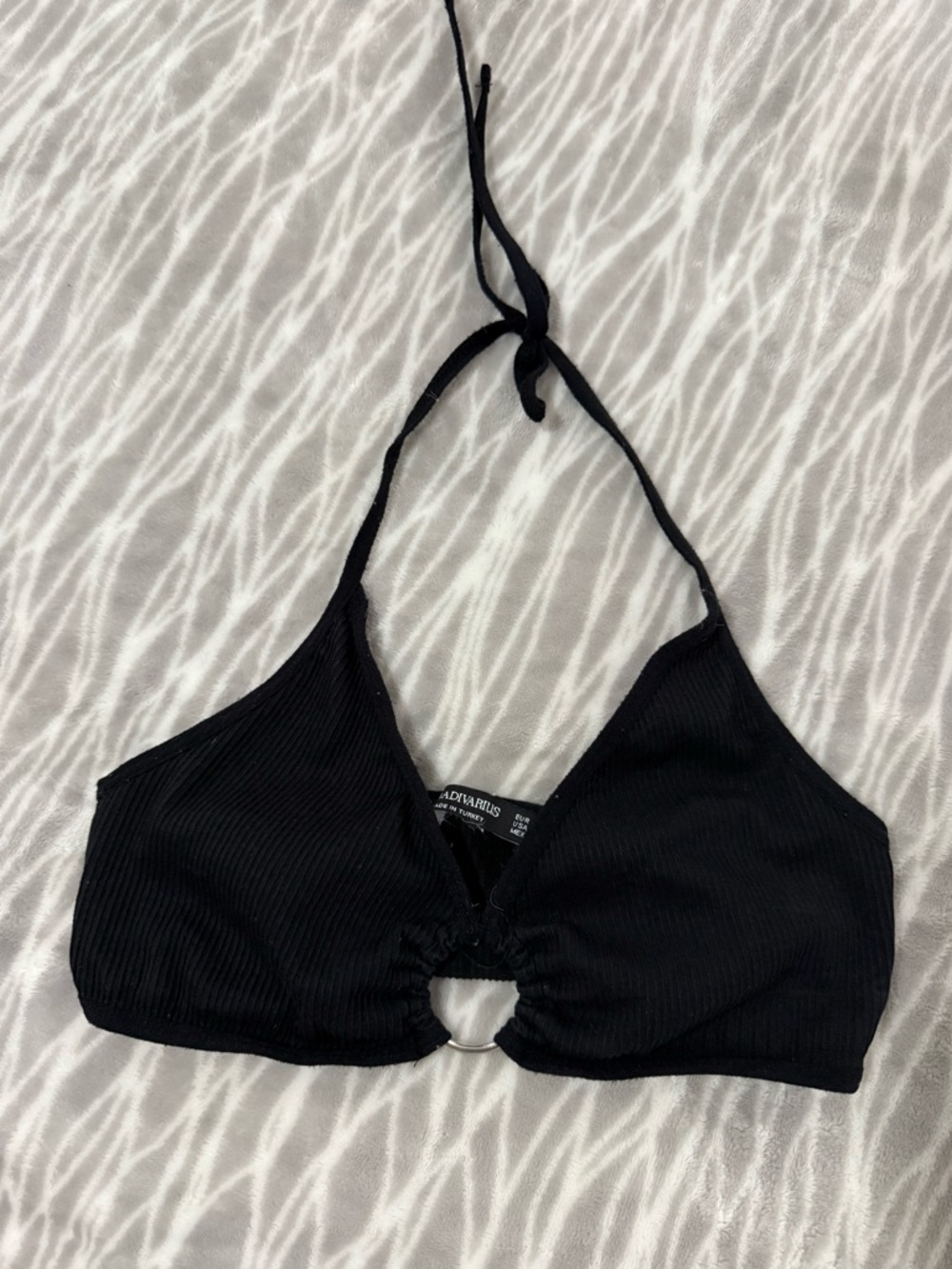 stradivarius Black Ribbed Halter Bralette with Front Ring